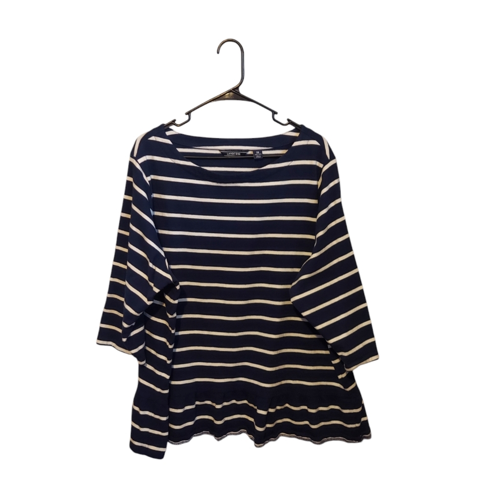 Lands’ End Sweater Sz 3X 24W-26W Blue Striped Knit Ruffle Hem Nautical Preppy